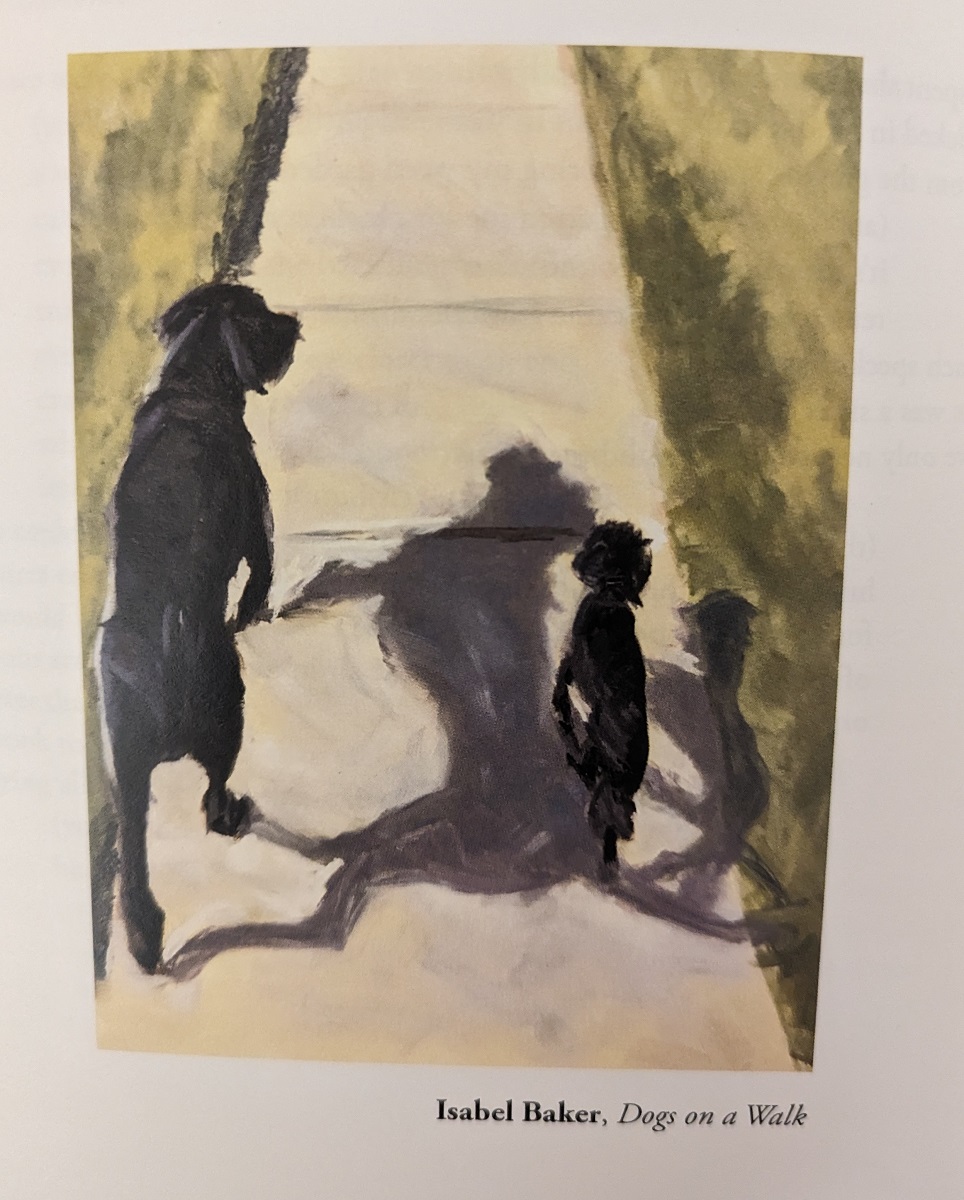 Painting of two dogs walking down a sidewalk